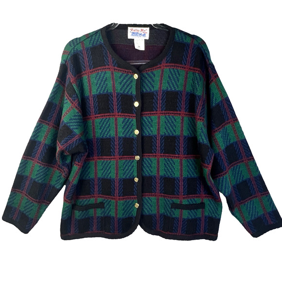 Vintage Tally Ho Cardigan Sweater Women 1X Green Blue Plaid Christmas Preppy - Picture 1 of 8